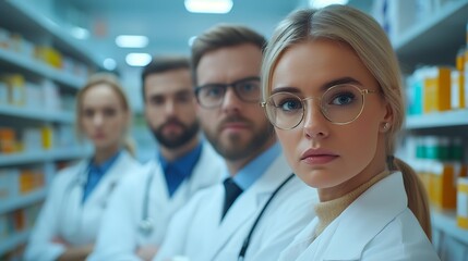 Fototapeta premium Four pharmacists in a pharmacy looking at the camera.