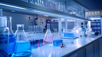 123. A vibrant laboratory atmosphere surrounding modern fume hoods