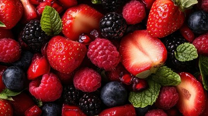 Fototapeta premium A rich assortment of ripe berries including strawberries, raspberries, and blackberries intertwined with mint leaves, creating an explosion of color and freshness.