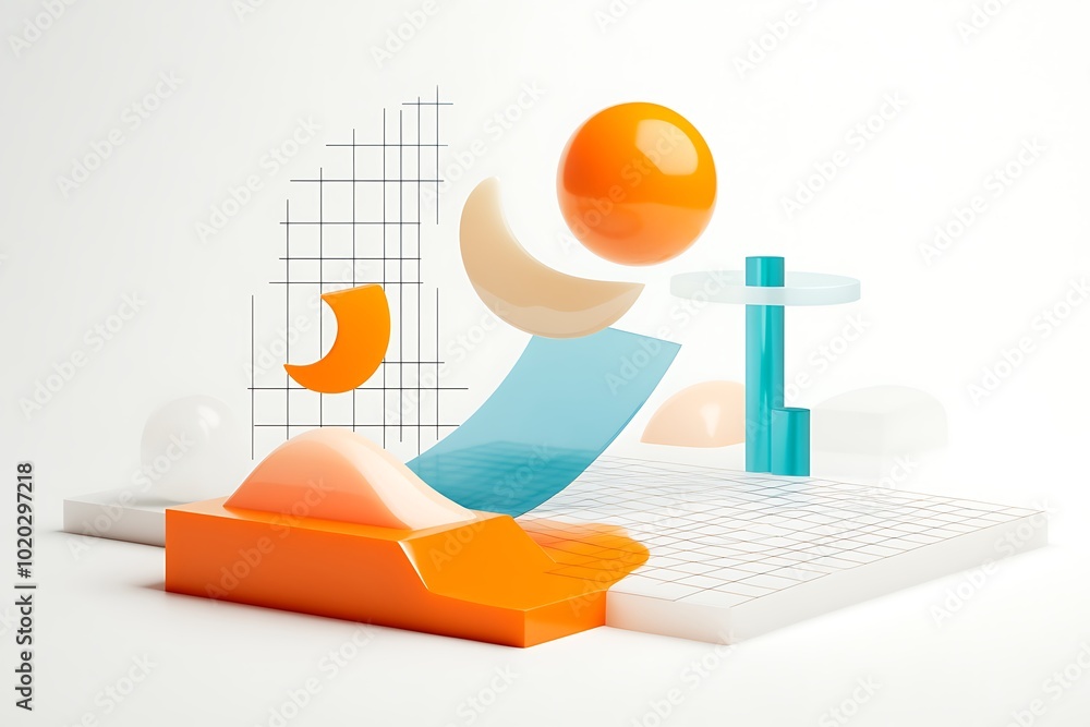 Poster abstract 3d composition of geometric shapes and grids