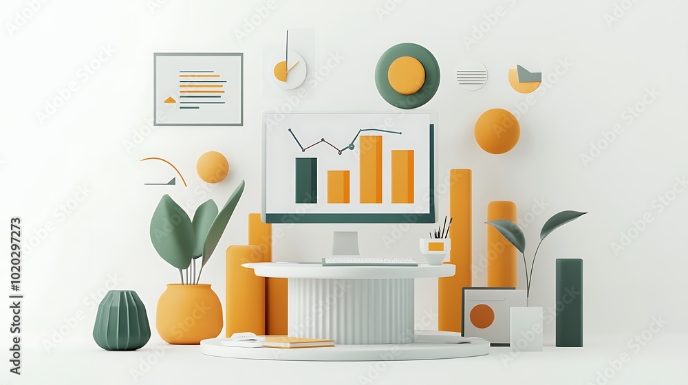 Poster minimalist desktop with 3d shapes, a computer, and charts