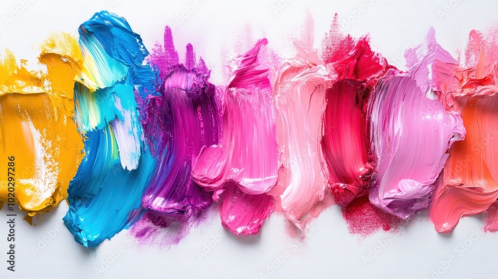 Poster an array of colorful textured paint strokes displayed on canvas, featuring a rhythm of hues like blu