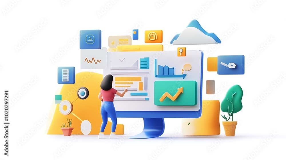 Poster woman analyzing data on a computer screen with 3d icons