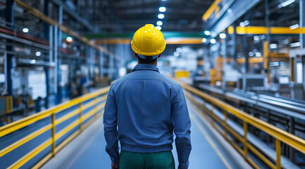 a man in a yellow helmet and coat walking through a modern factory hall, with soft lighting 