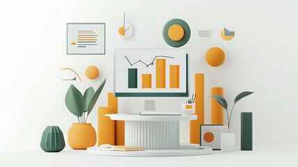 Minimalist Desktop with 3D Shapes, a Computer, and Charts