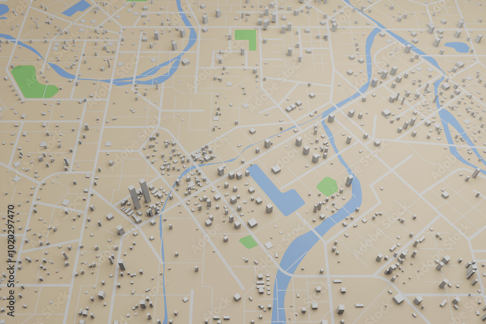Poster 3d rendering city map illustration of a city map created using 3d modeling. top view of urban map wi