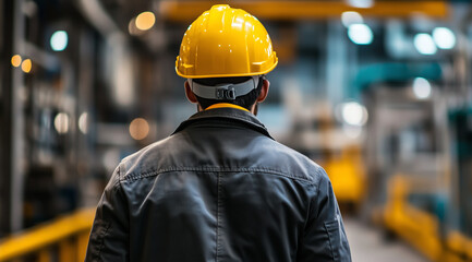 a man in a yellow helmet and coat walking through a modern factory hall, with soft lighting 