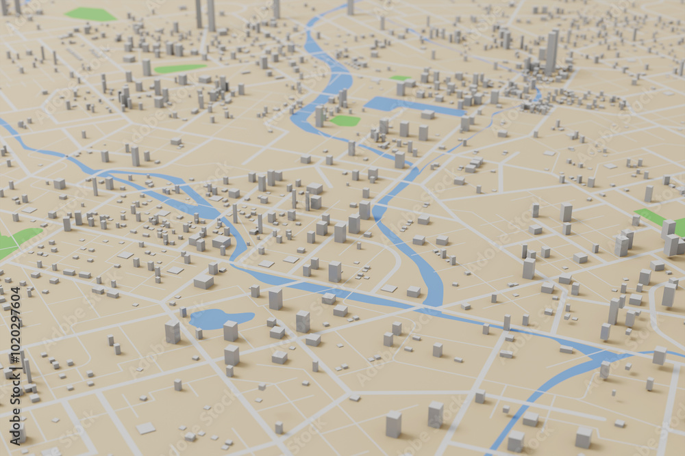 Aufkleber 3d rendering city map illustration of a city map created using 3d modeling. top view of urban map wi