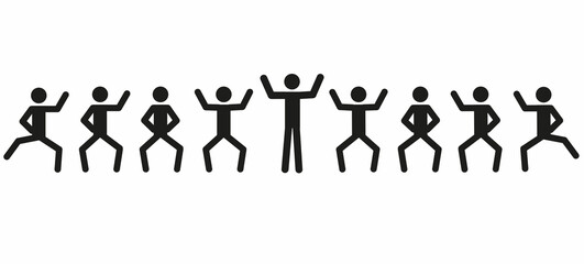 set of dancing human figures, pictogram, stick man in different positions, flat illustration