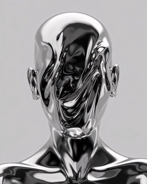 Liquid Identity: A chrome-plated human figure, its face obscured by a swirling, molten surface. The image evokes a sense of mystery and intrigue.