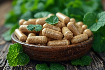 Nutritional supplements on a bright kitchen tabletop for healthy eating and wellness focus