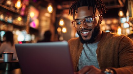 Fototapeta premium A cheerful young man with glasses and stylish attire smiles as he works on his laptop in a lively neon-lit cafe, capturing joy and vibrant modern energy.