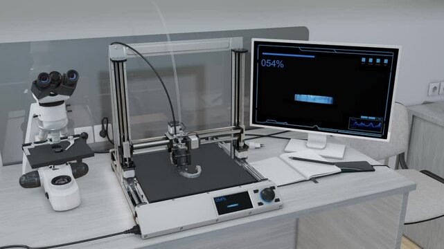 The animation showcases a 3D printer at work, meticulously creating a jaw with teeth. This process highlights the precision and innovation of modern 3D printing technology of dentistry. 3d rendering.