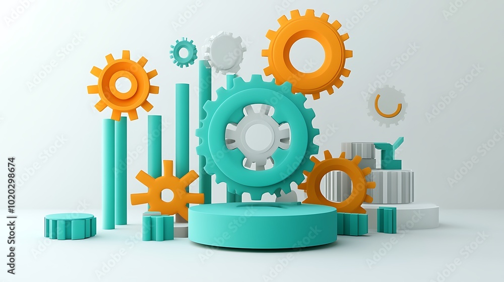 Poster abstract 3d render of interlocking gears and geometric shapes