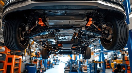 A car on a lift in an auto repair shop, with mechanics inspecting the underside for issues