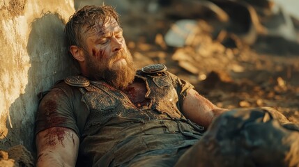 An exhausted, battle-worn warrior covered in dirt and blood lies against a rocky terrain, evoking themes of sacrifice, struggle, and historical valor.
