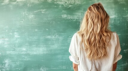 A woman with long wavy hair stands with her back to a chalkboard-style green wall, evoking a sense of nostalgia and reflection on learning and memories.