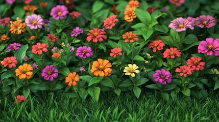 Obraz premium A vibrant flower patch featuring zinnias and petunias in soft green grass, presented on a transparent background for use in digital and print designs.
