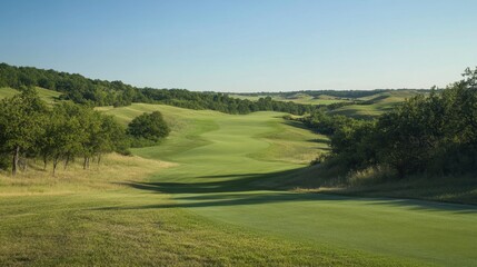 A golf course with green fairways and gentle slopes under a clear blue sky distant tree line in background