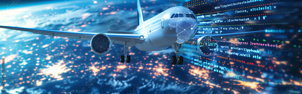 Poster digital airplane soaring through the sky with data and graphs highlighting flight safety technology 