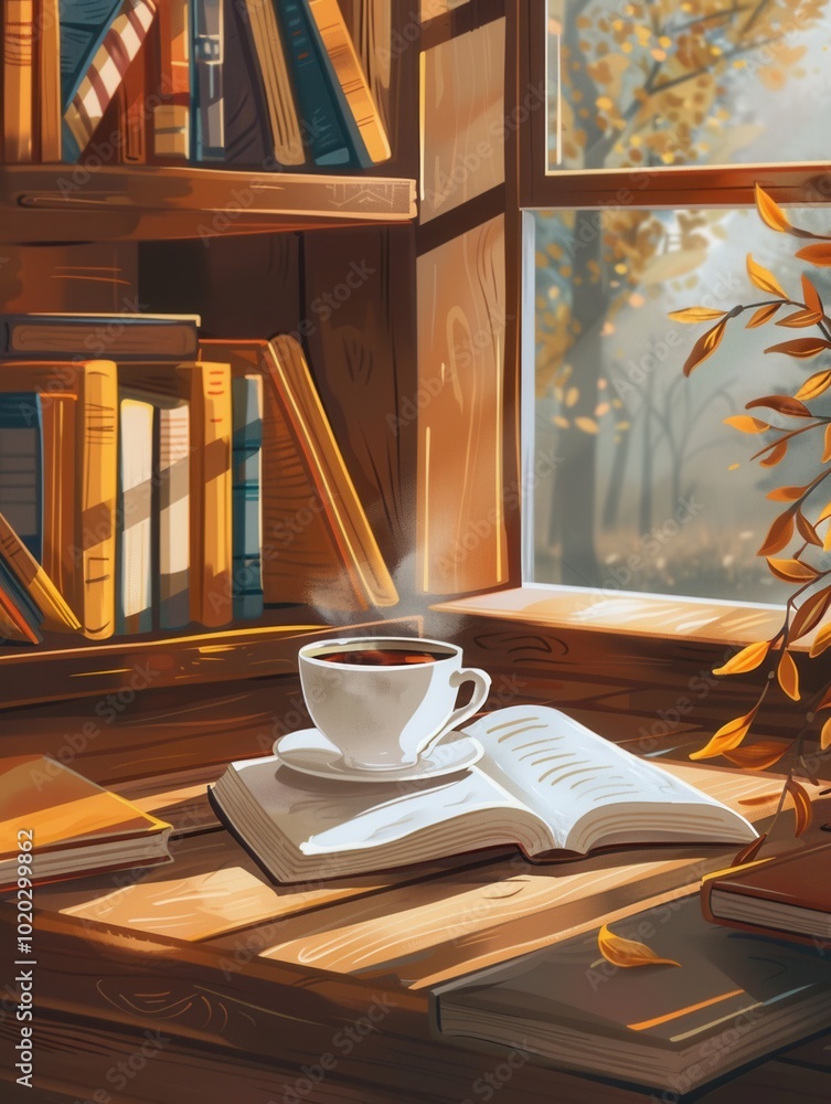 Poster sunlight filters through the window, creating a warm atmosphere with a cup of coffee and open books 