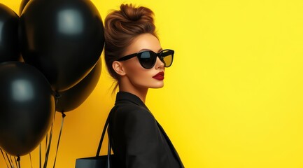 A fashionable woman with black balloons and a shopping bag against a yellow background, a fashion portrait photograph. Black Friday sale vibe poster