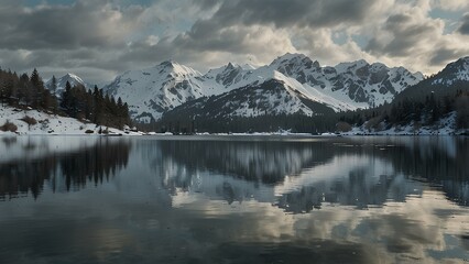 Winter Serenity: A Calm Lake Reflecting Snow-Covered Mountains