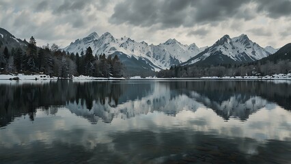 Winter Serenity: A Calm Lake Reflecting Snow-Covered Mountains