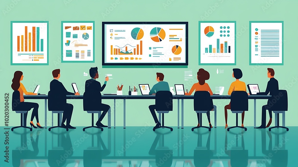 Poster businesspeople gathered around a table analyzing data on multiple screens
