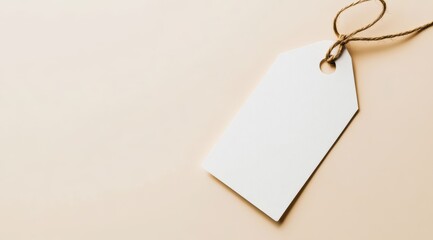 White blank price tag mockup hanging on a strings, front view, flat lay, isolated, on a light background with a lot of blank space as a placeholder for any text or logo