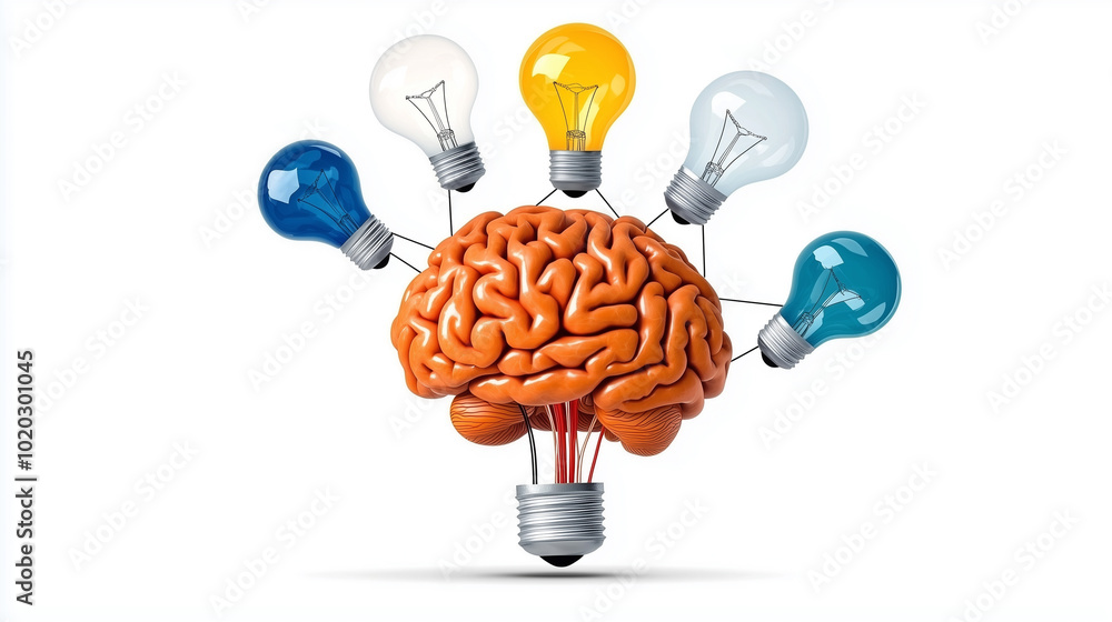 Poster creative flow of ideas is represented as brain with colorful light bulbs, symbolizing innovation and