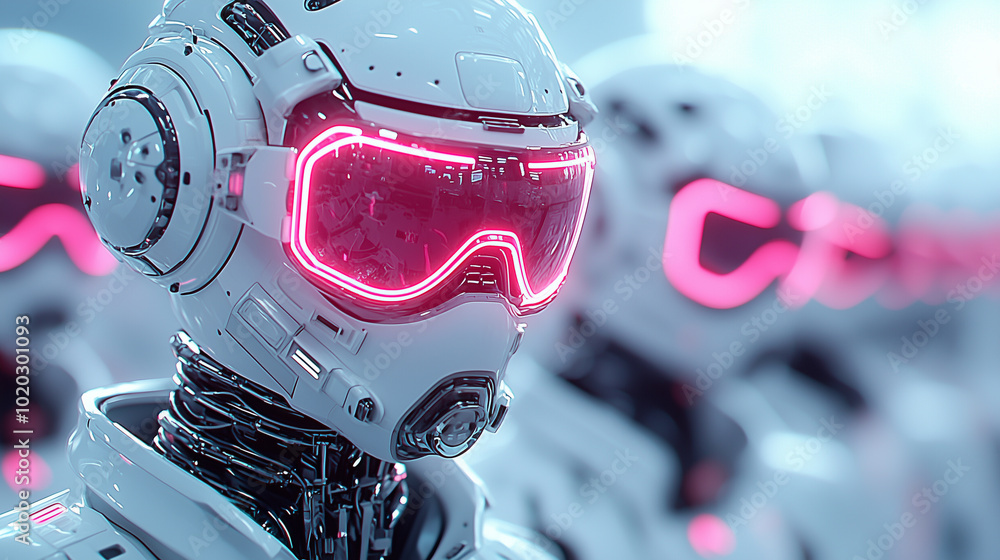 Poster futuristic robots with glowing pink visors stand in high tech environment, showcasing advanced techn