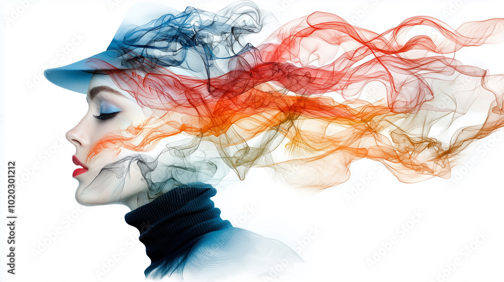Poster captivating abstract representation of womans profile, featuring colorful swirling lines that evoke sense of movement and emotion. vibrant hues blend seamlessly, creating dynamic visual experience