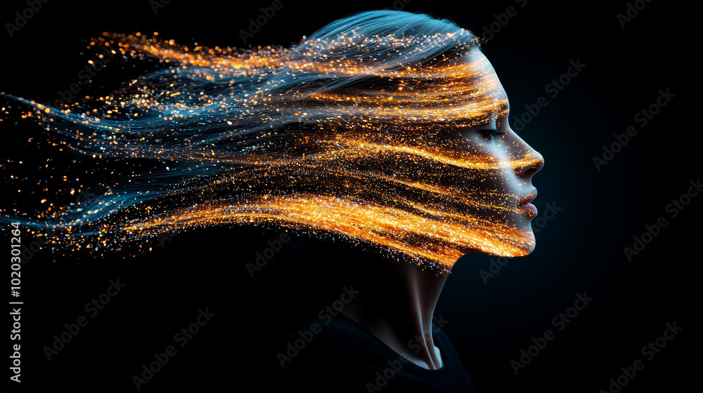 Poster mesmerizing abstract representation of womans profile, filled with colorful swirling lines and sparkling elements, creating sense of movement and energy