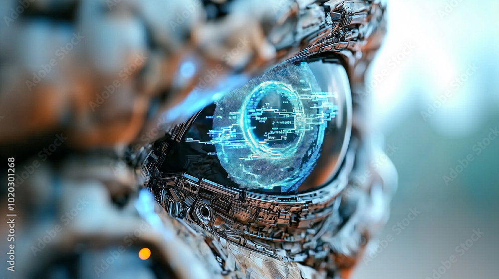 Poster futuristic robot face with detailed metallic structure and glowing eye reflecting digital data and s