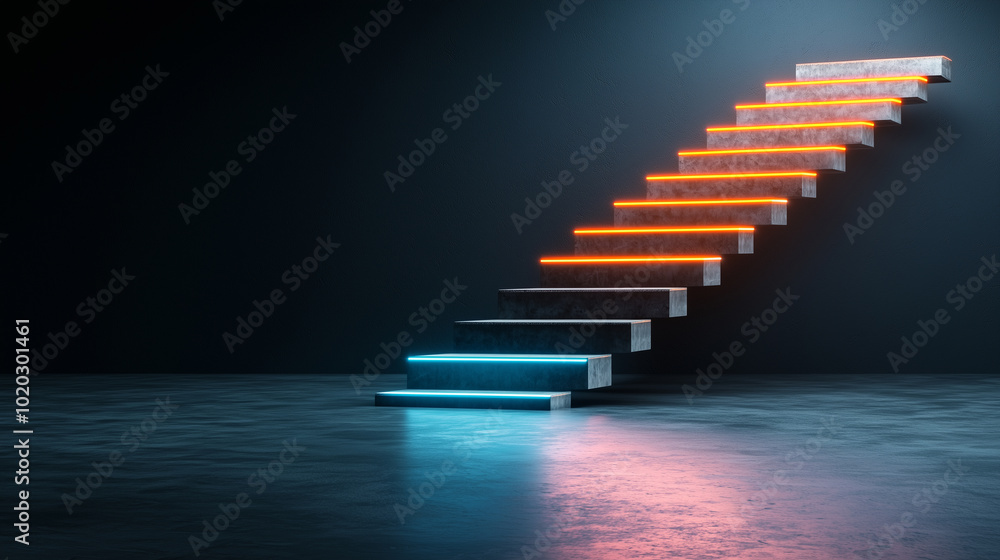 Poster Bright neon lines illuminate modern staircase, creating striking visual effect in dark space. vibrant colors enhance contemporary design, evoking sense of intrigue and wonder