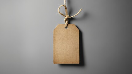 3D  render of a brown kraft paper price tag mockup hanging on a string, front view, flat lay, isolated, on a grey background with a lot of blank space as a placeholder for any text or logo