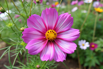 Obraz premium pink cosmos flower. flower, pink, nature, plant, garden, daisy, summer, flowers, blossom, flora, bloom, purple, spring, petal, beauty, cosmos, yellow, macro, beautiful, floral, field, closeup, color, 