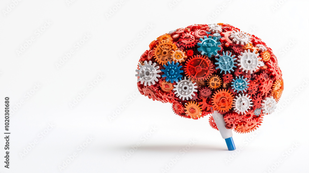 Aufkleber Brightly colored gears interlocking to form human brain, symbolizing creativity and innovation. This vibrant representation showcases connection between mechanics and thought processes