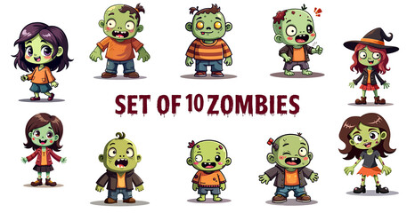  collection of 10 zombie illustrations isolated with no background. Cute female and male green monsters in cartoon style