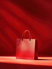 Red shopping bag on a red background, minimalist style, high-resolution, professional photographm a lot of blank space for any text or a logo