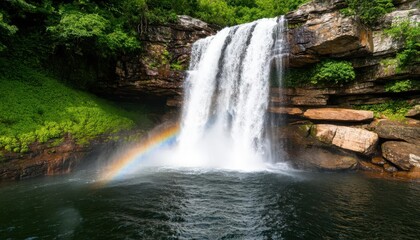 Obraz premium A waterfall generating mist and rainbows as it crashes into a pool below, symbolizing the beauty and strength of water, waterfall mist, natural water energy