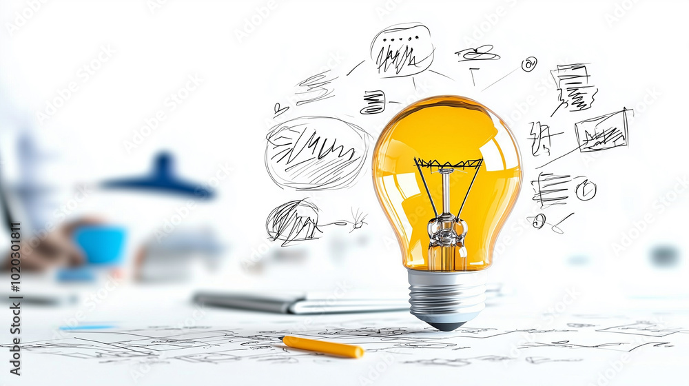 Poster innovative light bulb with sketches and ideas surrounding it, symbolizing creativity and brainstormi