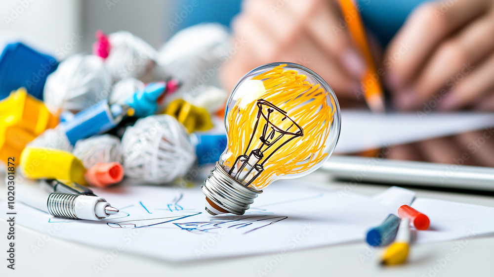 Poster creative brainstorming session with light bulb sketch symbolizing innovative ideas, surrounded by co