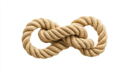 Natural fiber rope tied in a knot with a flowing end, isolated on white background, perfect for sailing, outdoor gear advertisements, or metaphorical designs