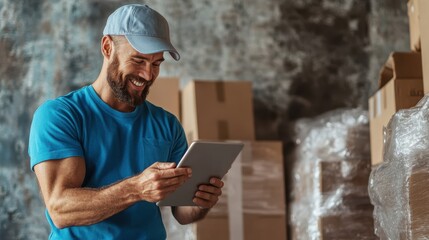 Fototapeta premium A cheerful warehouse worker uses a tablet in a logistics center, emphasizing the importance of technology in managing modern supply chain and inventory systems.