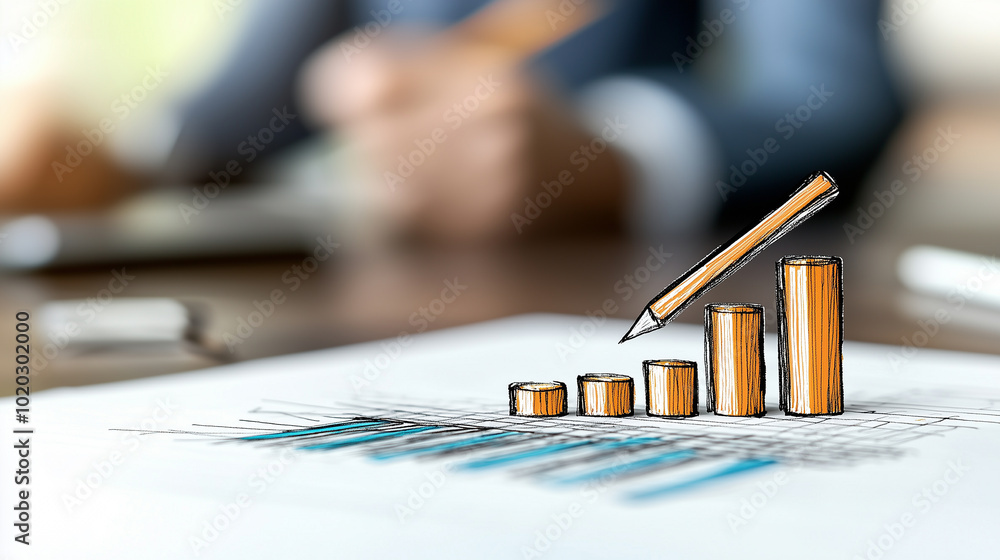 Poster businessman is creatively illustrating colorful bar graph on paper, symbolizing growth and success i