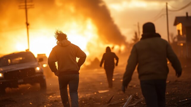 A group of people flee from a massive fire raging in the street, embodying urgency and survival instincts as the flames consume their surroundings.