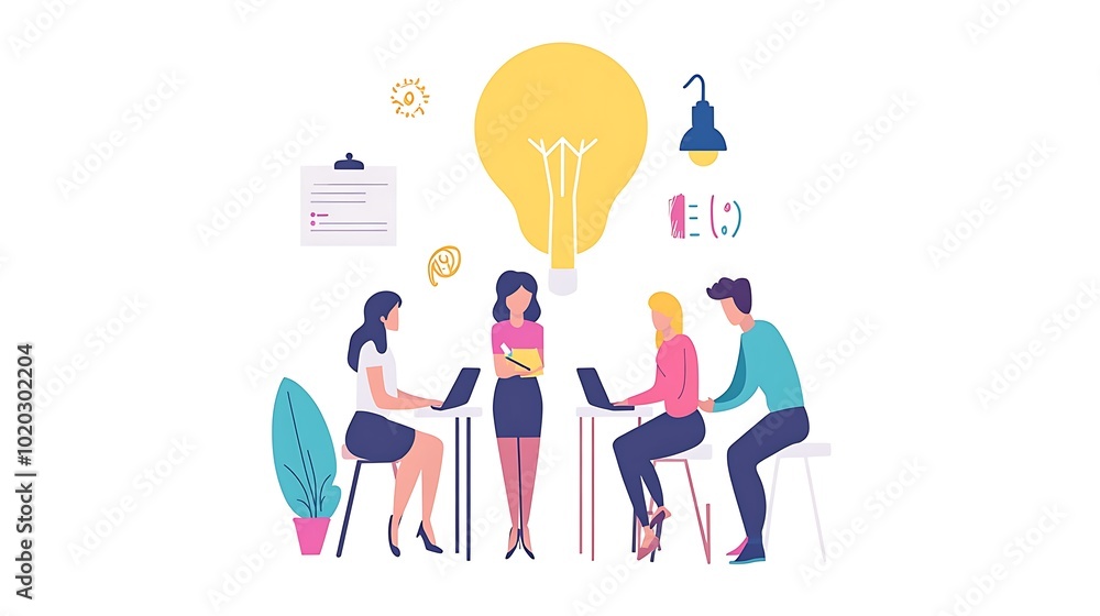 Poster four people in a brainstorming session with a lightbulb above them