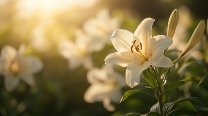 Naklejka premium Delicate white lilies enjoy the gentle morning light in a lush garden, with vibrant greens and serene surroundings enhancing their beauty and peaceful elegance.